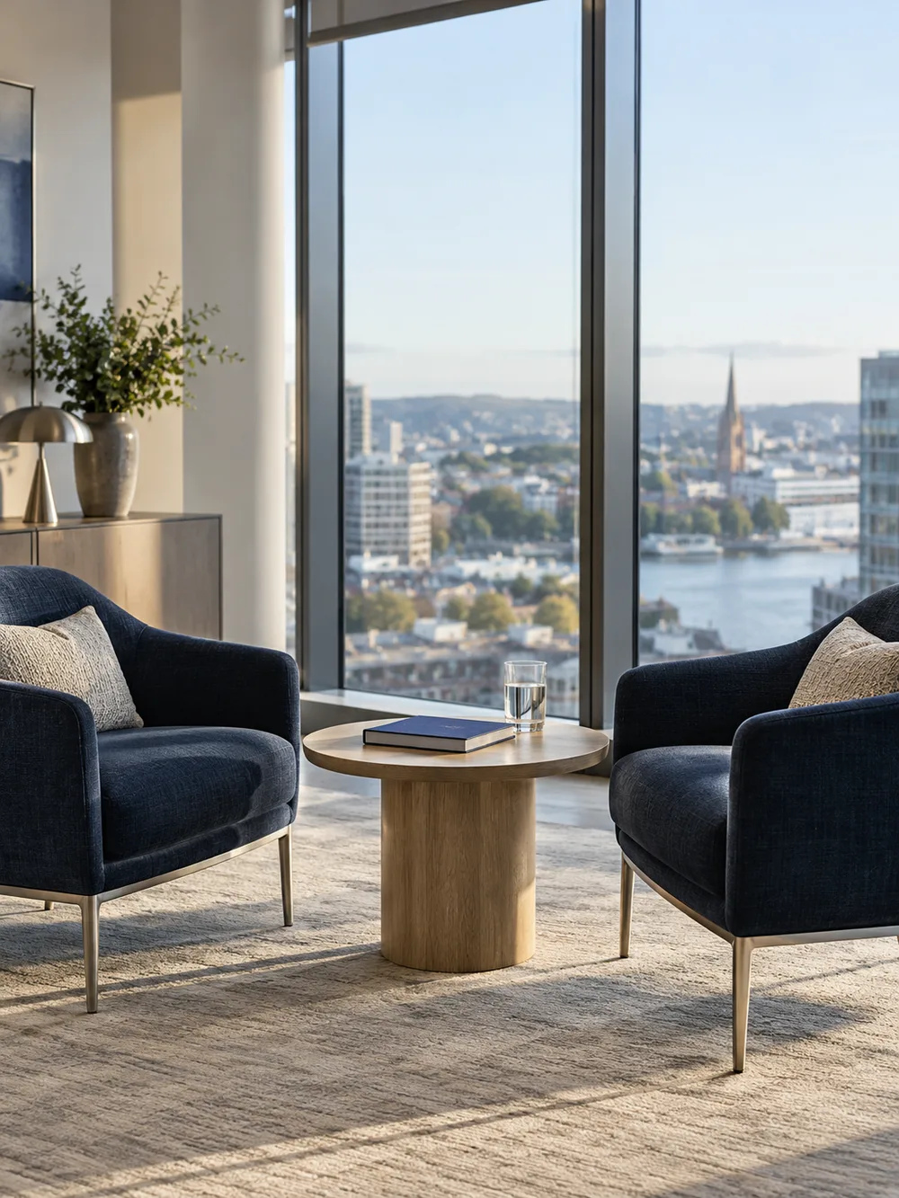 Two chairs and a small table arranged for a focused conversation in a sunlit meeting space