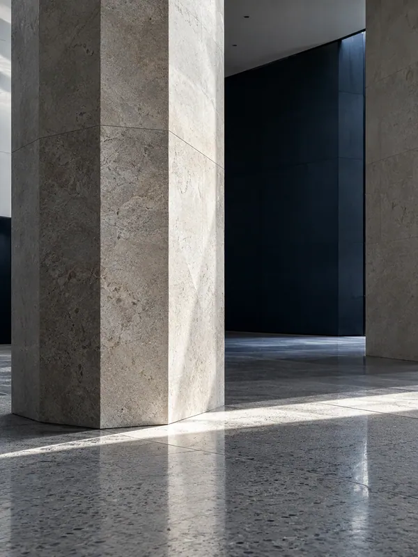 Daylight crossing a faceted stone column and terrazzo floor