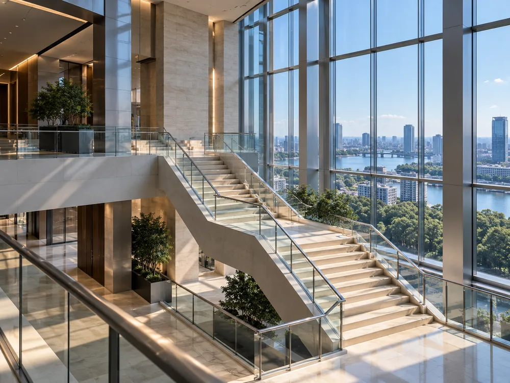 Daylight illuminating a clear path through a structured glass-and-stone atrium